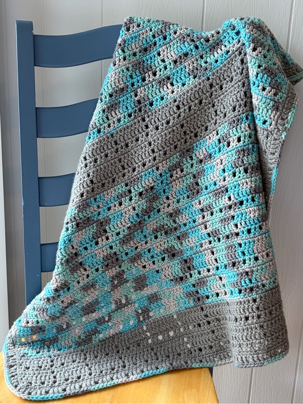 Crochet  lap/baby blanket handmade, variegated teal and grey. Cozy Home Accent